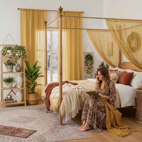 Mustard Yellow Lace Curtains 84 Inches Long 2 Panel,Rod Pocket Light Filtering Crochet Decorative Sheer Drapes Boho Farmhouse Cottage Spring Fall Cute Tassel Curtain for Bedroom Living Room in Kuwait