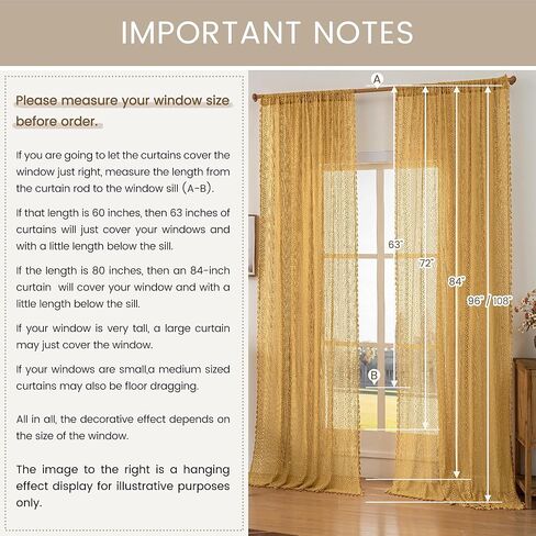 Mustard Yellow Lace Curtains 84 Inches Long 2 Panel,Rod Pocket Light Filtering Crochet Decorative Sheer Drapes Boho Farmhouse Cottage Spring Fall Cute Tassel Curtain for Bedroom Living Room in Kuwait