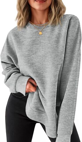 Fisoew Womens Crewneck Sweatshirts Casual Long Sleeve Side Split Hihg Low Curved Hem Shirts Loose Fall Tunic Tops Grey in Saudi Arabia