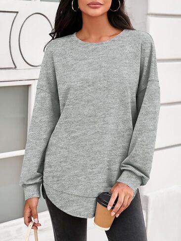 Fisoew Womens Crewneck Sweatshirts Casual Long Sleeve Side Split Hihg Low Curved Hem Shirts Loose Fall Tunic Tops Grey in Saudi Arabia