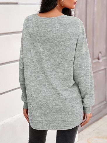 Fisoew Womens Crewneck Sweatshirts Casual Long Sleeve Side Split Hihg Low Curved Hem Shirts Loose Fall Tunic Tops Grey in Saudi Arabia
