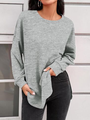 Fisoew Womens Crewneck Sweatshirts Casual Long Sleeve Side Split Hihg Low Curved Hem Shirts Loose Fall Tunic Tops Grey in Saudi Arabia