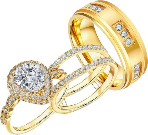 1CT CZ Wedding Ring Set for Women & Men Yellow Gold Plated Bridal Couple Rings Tungsten Ring Wedding Band in Kuwait