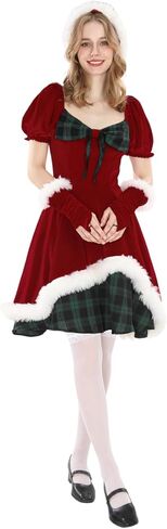 CR ROLECOS Christmas Dresses for Women Velvet Santa Costume Red Halter Neck Mini Dress with Hat in Kuwait