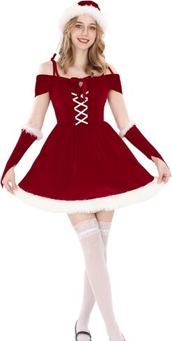 CR ROLECOS Christmas Dresses for Women Velvet Santa Costume Red Halter Neck Mini Dress with Hat in Kuwait