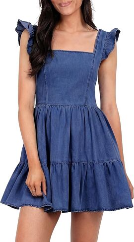 Women's Square Neck Ruffle Denim Dress, Sleeveless A-Line Cute Jean Mini Dress with Pockets for Summer in Kuwait