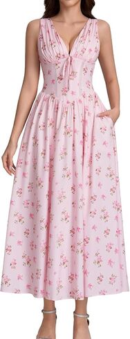 GLNEGE Womens Corset Wedding Guest Midi Dress Summer Floral Tea Party Flowy Dress V Neck Milkmaid Sundress with Pockets 2026 in Kuwait
