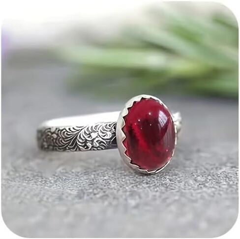 925 Sterling Silver Vintage Red Oval CZ Ring, Engraved Floral Band Red Gemstone Ring, Retro Statement Jewelry for Women, Unique Birthday in Saudi Arabia