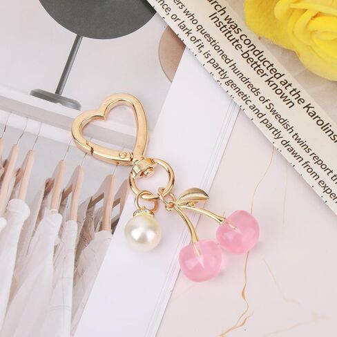 Cherry Keychain Bag Charm for Women, Cute Cherry Fruit Key Ring with Shiny Pearl Fashion Bag Charm Purse Chain Accessories for Handbag Wallet Decor (Pink) in Saudi Arabia