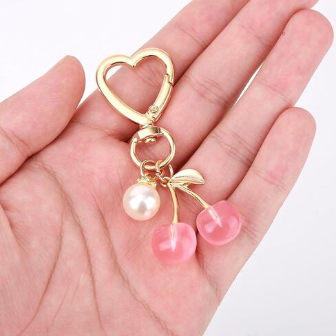 Cherry Keychain Bag Charm for Women, Cute Cherry Fruit Key Ring with Shiny Pearl Fashion Bag Charm Purse Chain Accessories for Handbag Wallet Decor (Pink) in Saudi Arabia