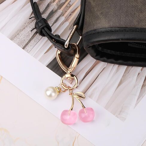 Cherry Keychain Bag Charm for Women, Cute Cherry Fruit Key Ring with Shiny Pearl Fashion Bag Charm Purse Chain Accessories for Handbag Wallet Decor (Pink) in Saudi Arabia