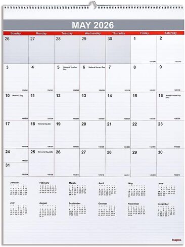 2026 Staples 22" x 29" تقويم حائط شهري، أبيض/أحمر/رمادي (ST53914-26) in Saudi Arabia
