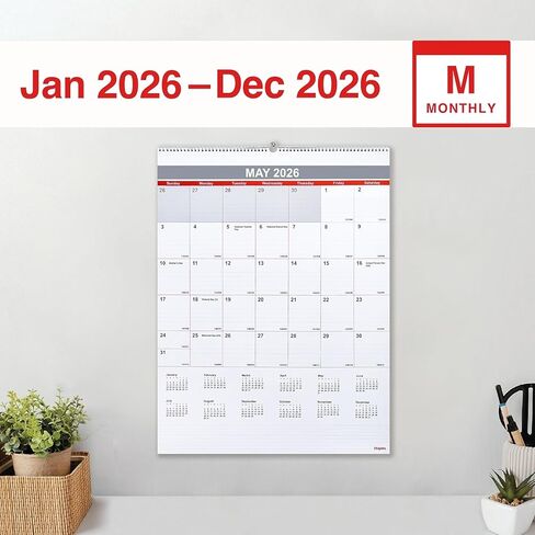 2026 Staples 22" x 29" تقويم حائط شهري، أبيض/أحمر/رمادي (ST53914-26) in Saudi Arabia
