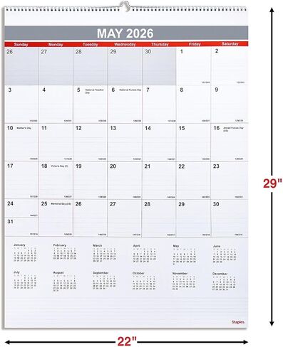 2026 Staples 22" x 29" تقويم حائط شهري، أبيض/أحمر/رمادي (ST53914-26) in Saudi Arabia
