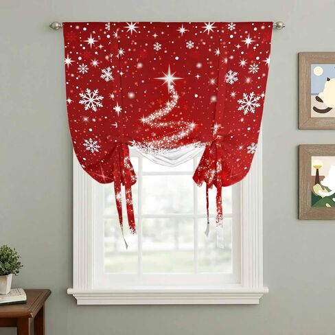 Red Christmas Tie Up Curtains for Window, Snowflake Xmas Tree Ball Winter Modern Abstract Art Thermal Balloon Shade Adjustable Rod Pocket Curtains Valance Panels for Kitchen Bathroom Café 42'' x 45'' in Saudi Arabia