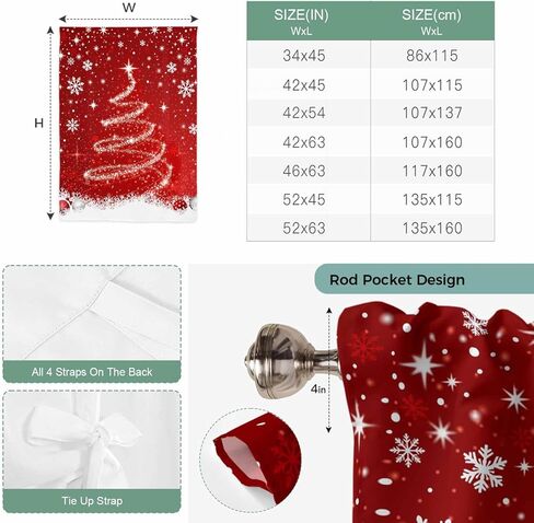Red Christmas Tie Up Curtains for Window, Snowflake Xmas Tree Ball Winter Modern Abstract Art Thermal Balloon Shade Adjustable Rod Pocket Curtains Valance Panels for Kitchen Bathroom Café 42'' x 45'' in Saudi Arabia
