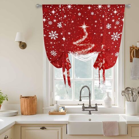 Red Christmas Tie Up Curtains for Window, Snowflake Xmas Tree Ball Winter Modern Abstract Art Thermal Balloon Shade Adjustable Rod Pocket Curtains Valance Panels for Kitchen Bathroom Café 42'' x 45'' in Saudi Arabia