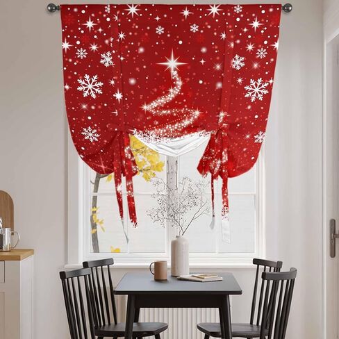 Red Christmas Tie Up Curtains for Window, Snowflake Xmas Tree Ball Winter Modern Abstract Art Thermal Balloon Shade Adjustable Rod Pocket Curtains Valance Panels for Kitchen Bathroom Café 42'' x 45'' in Saudi Arabia
