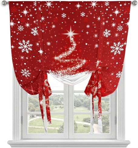 Red Christmas Tie Up Curtains for Window, Snowflake Xmas Tree Ball Winter Modern Abstract Art Thermal Balloon Shade Adjustable Rod Pocket Curtains Valance Panels for Kitchen Bathroom Café 42'' x 45'' in Saudi Arabia