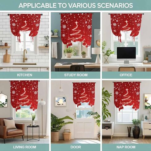 Red Christmas Tie Up Curtains for Window, Snowflake Xmas Tree Ball Winter Modern Abstract Art Thermal Balloon Shade Adjustable Rod Pocket Curtains Valance Panels for Kitchen Bathroom Café 42'' x 45'' in Saudi Arabia