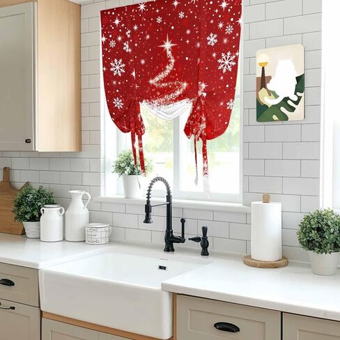Red Christmas Tie Up Curtains for Window, Snowflake Xmas Tree Ball Winter Modern Abstract Art Thermal Balloon Shade Adjustable Rod Pocket Curtains Valance Panels for Kitchen Bathroom Café 42'' x 45'' in Saudi Arabia