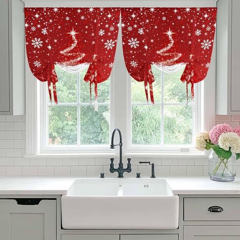Red Christmas Tie Up Curtains for Window, Snowflake Xmas Tree Ball Winter Modern Abstract Art Thermal Balloon Shade Adjustable Rod Pocket Curtains Valance Panels for Kitchen Bathroom Café 42'' x 45'' in Saudi Arabia