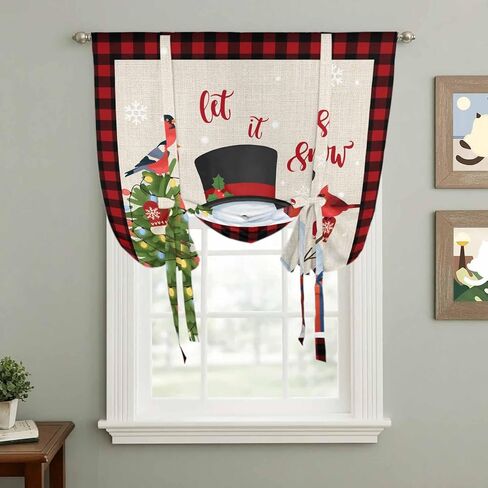 Christmas Tie Up Curtains for Window, Cute Snowman Xmas Tree Cardinal Birds Buffalo Plaid Thermal Balloon Shade Adjustable Rod Pocket Curtains Valance Panels for Kitchen Bathroom Café 42'' x 54'' in Saudi Arabia
