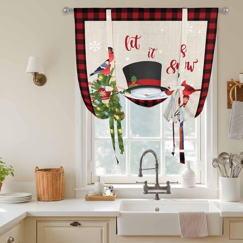 Christmas Tie Up Curtains for Window, Cute Snowman Xmas Tree Cardinal Birds Buffalo Plaid Thermal Balloon Shade Adjustable Rod Pocket Curtains Valance Panels for Kitchen Bathroom Café 42'' x 54'' in Saudi Arabia