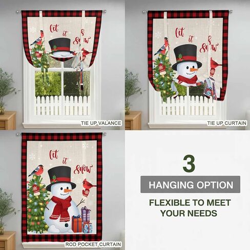 Christmas Tie Up Curtains for Window, Cute Snowman Xmas Tree Cardinal Birds Buffalo Plaid Thermal Balloon Shade Adjustable Rod Pocket Curtains Valance Panels for Kitchen Bathroom Café 42'' x 54'' in Saudi Arabia