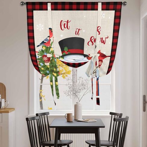 Christmas Tie Up Curtains for Window, Cute Snowman Xmas Tree Cardinal Birds Buffalo Plaid Thermal Balloon Shade Adjustable Rod Pocket Curtains Valance Panels for Kitchen Bathroom Café 42'' x 54'' in Saudi Arabia
