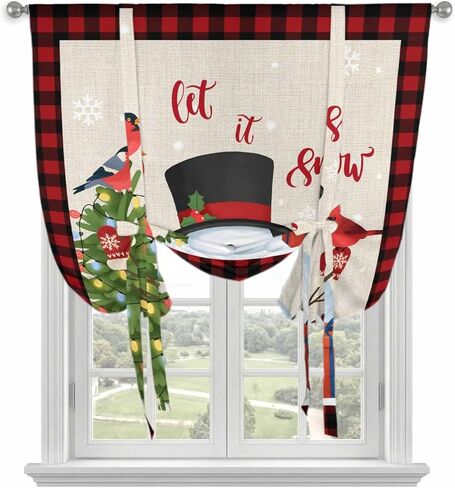 Christmas Tie Up Curtains for Window, Cute Snowman Xmas Tree Cardinal Birds Buffalo Plaid Thermal Balloon Shade Adjustable Rod Pocket Curtains Valance Panels for Kitchen Bathroom Café 42'' x 54'' in Saudi Arabia