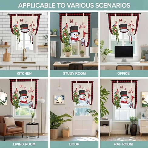 Christmas Tie Up Curtains for Window, Cute Snowman Xmas Tree Cardinal Birds Buffalo Plaid Thermal Balloon Shade Adjustable Rod Pocket Curtains Valance Panels for Kitchen Bathroom Café 42'' x 54'' in Saudi Arabia