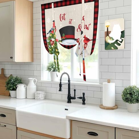Christmas Tie Up Curtains for Window, Cute Snowman Xmas Tree Cardinal Birds Buffalo Plaid Thermal Balloon Shade Adjustable Rod Pocket Curtains Valance Panels for Kitchen Bathroom Café 42'' x 54'' in Saudi Arabia
