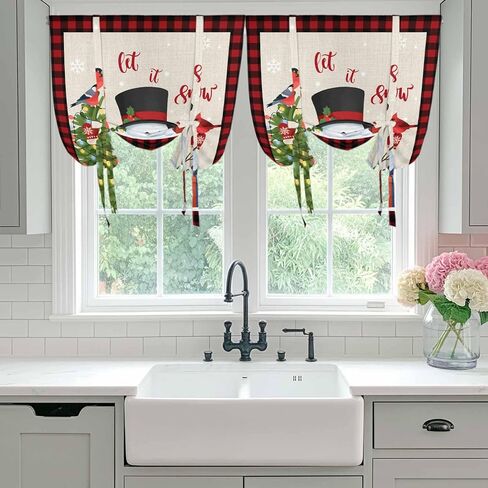 Christmas Tie Up Curtains for Window, Cute Snowman Xmas Tree Cardinal Birds Buffalo Plaid Thermal Balloon Shade Adjustable Rod Pocket Curtains Valance Panels for Kitchen Bathroom Café 42'' x 54'' in Saudi Arabia