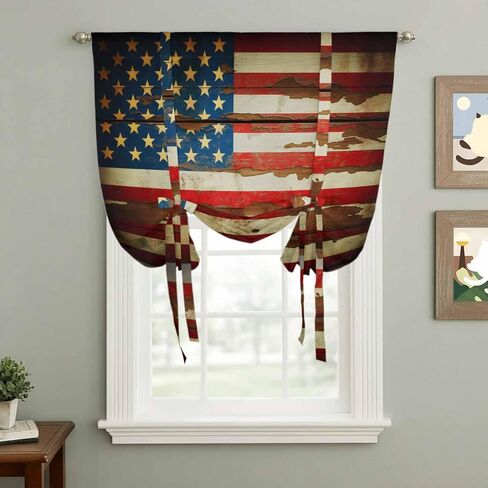 Vintage American Flag Tie Up Curtains for Window, Country Stars Stripes Wood US Flag Thermal Insulated Balloon Shade Adjustable Rod Pocket Curtains Valance Panels for Kitchen Bathroom Café 42'' x 63'' in Saudi Arabia