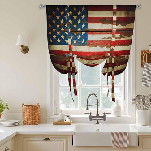 Vintage American Flag Tie Up Curtains for Window, Country Stars Stripes Wood US Flag Thermal Insulated Balloon Shade Adjustable Rod Pocket Curtains Valance Panels for Kitchen Bathroom Café 42'' x 63'' in Saudi Arabia