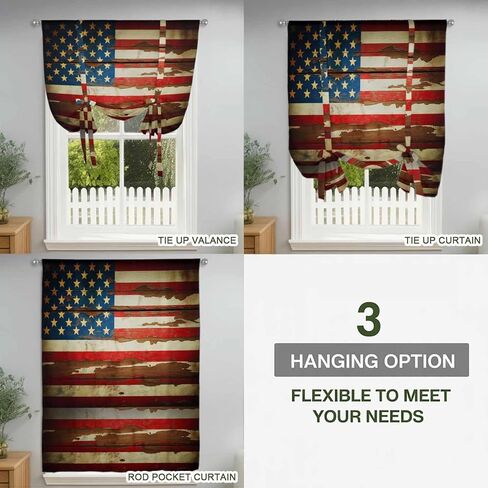 Vintage American Flag Tie Up Curtains for Window, Country Stars Stripes Wood US Flag Thermal Insulated Balloon Shade Adjustable Rod Pocket Curtains Valance Panels for Kitchen Bathroom Café 42'' x 63'' in Saudi Arabia