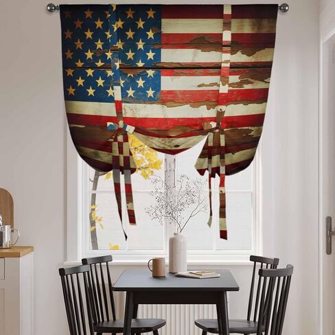 Vintage American Flag Tie Up Curtains for Window, Country Stars Stripes Wood US Flag Thermal Insulated Balloon Shade Adjustable Rod Pocket Curtains Valance Panels for Kitchen Bathroom Café 42'' x 63'' in Saudi Arabia