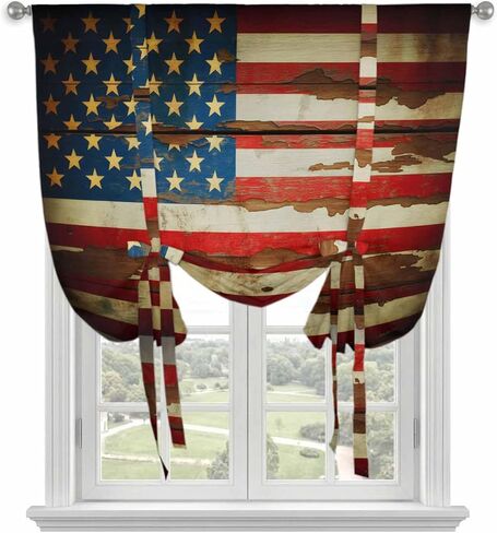 Vintage American Flag Tie Up Curtains for Window, Country Stars Stripes Wood US Flag Thermal Insulated Balloon Shade Adjustable Rod Pocket Curtains Valance Panels for Kitchen Bathroom Café 42'' x 63'' in Saudi Arabia