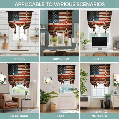 Vintage American Flag Tie Up Curtains for Window, Country Stars Stripes Wood US Flag Thermal Insulated Balloon Shade Adjustable Rod Pocket Curtains Valance Panels for Kitchen Bathroom Café 42'' x 63'' in Saudi Arabia