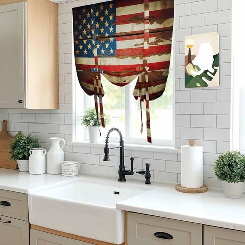 Vintage American Flag Tie Up Curtains for Window, Country Stars Stripes Wood US Flag Thermal Insulated Balloon Shade Adjustable Rod Pocket Curtains Valance Panels for Kitchen Bathroom Café 42'' x 63'' in Saudi Arabia