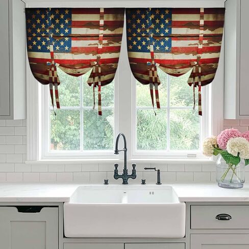 Vintage American Flag Tie Up Curtains for Window, Country Stars Stripes Wood US Flag Thermal Insulated Balloon Shade Adjustable Rod Pocket Curtains Valance Panels for Kitchen Bathroom Café 42'' x 63'' in Saudi Arabia