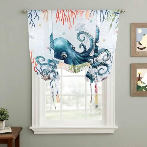 Coastal Nautical Octopus Tie Up Curtains for Window, Oceans Corals Starfish Jellyfish Thermal Balloon Shade Adjustable Rod Pocket Curtains Valance Panels for Kitchen Bathroom Café 42'' x 63'' in Saudi Arabia