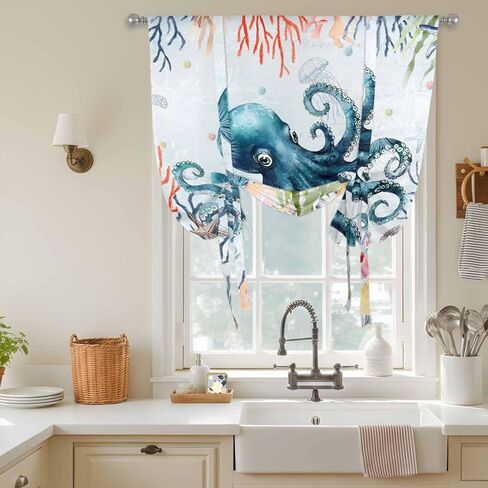 Coastal Nautical Octopus Tie Up Curtains for Window, Oceans Corals Starfish Jellyfish Thermal Balloon Shade Adjustable Rod Pocket Curtains Valance Panels for Kitchen Bathroom Café 42'' x 63'' in Saudi Arabia