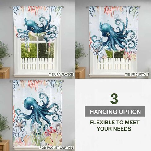 Coastal Nautical Octopus Tie Up Curtains for Window, Oceans Corals Starfish Jellyfish Thermal Balloon Shade Adjustable Rod Pocket Curtains Valance Panels for Kitchen Bathroom Café 42'' x 63'' in Saudi Arabia