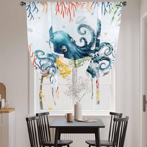 Coastal Nautical Octopus Tie Up Curtains for Window, Oceans Corals Starfish Jellyfish Thermal Balloon Shade Adjustable Rod Pocket Curtains Valance Panels for Kitchen Bathroom Café 42'' x 63'' in Saudi Arabia