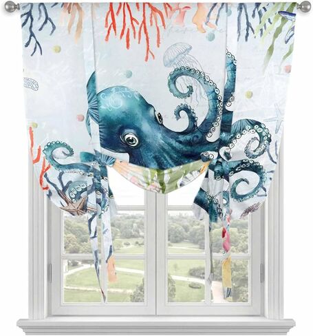 Coastal Nautical Octopus Tie Up Curtains for Window, Oceans Corals Starfish Jellyfish Thermal Balloon Shade Adjustable Rod Pocket Curtains Valance Panels for Kitchen Bathroom Café 42'' x 63'' in Saudi Arabia