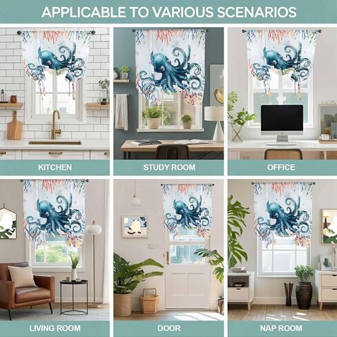 Coastal Nautical Octopus Tie Up Curtains for Window, Oceans Corals Starfish Jellyfish Thermal Balloon Shade Adjustable Rod Pocket Curtains Valance Panels for Kitchen Bathroom Café 42'' x 63'' in Saudi Arabia