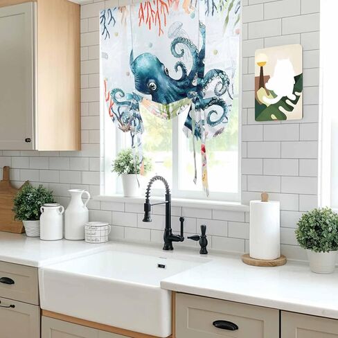 Coastal Nautical Octopus Tie Up Curtains for Window, Oceans Corals Starfish Jellyfish Thermal Balloon Shade Adjustable Rod Pocket Curtains Valance Panels for Kitchen Bathroom Café 42'' x 63'' in Saudi Arabia