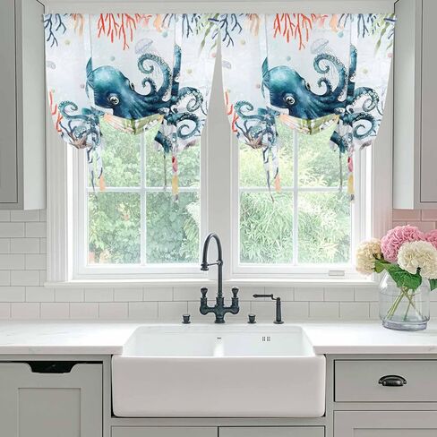Coastal Nautical Octopus Tie Up Curtains for Window, Oceans Corals Starfish Jellyfish Thermal Balloon Shade Adjustable Rod Pocket Curtains Valance Panels for Kitchen Bathroom Café 42'' x 63'' in Saudi Arabia